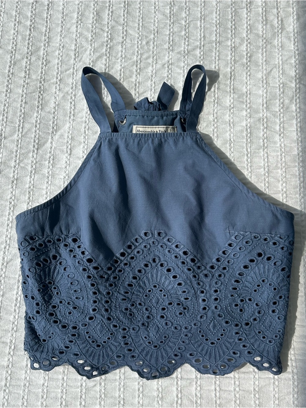 Abercrombie & Fitch Dusty Blue Eyelet Halter Crop Top